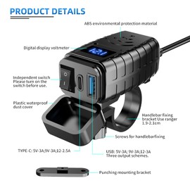 Lhdfyqt Dual USB Motorcycle Phone Charger, Motorcycle Charger, Quick Disconnect Adapter, Socket, QC3.0 PD, Type-C & USB, with Independent Switch and LED Voltmeter