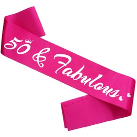 HUBEISIYU 50 Fabulous Birthday Sash, 50th Bday Sash for Women Funny 50th Birthday Party Decorations Suppiles Gift Ideas, Hot Pink+ Silver(50 Fabulous)