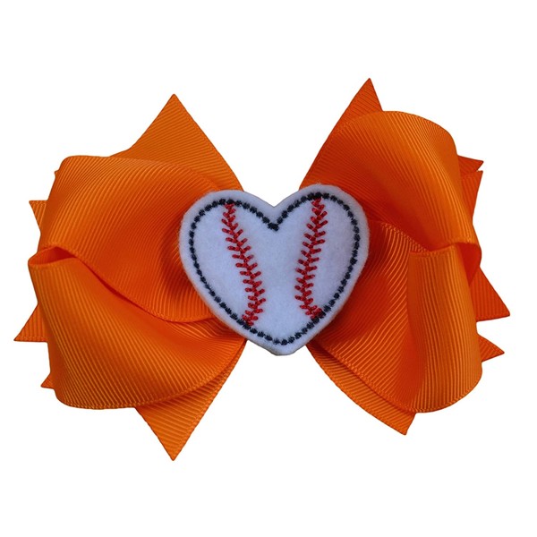 Baseball Hair Bow with Embroidered Heart Funny Girl Designs 4.5 Inch Bow (Orange)