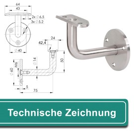 PRIOstahl Handrail Holder Handrail Wall Bracket Handrail Support – 2 x Handrail Support to the Wall for 42.4 mm Round Tube with 3-Hole Attachment for Screwing on Stainless Steel V2A Railing Pipe