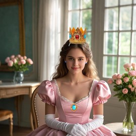 Axvxby Princess Peach Costume Accessories, 4-Piece Set for Women Girls Princess Costume Crown Earrings Gloves Brooch for Carnival Birthday Party Cosplay Dress Up