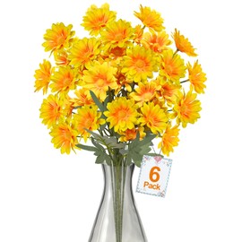 TURNMEON 36Pcs Daisy Artificial Flowers for Outdoor, 23.5'' Long Stem 6 Bundles Fake Flowers UV Resistant Artificial Fake Plants Plastic Faux Greenery Shrub for Home Indoor Summer Decor(Yellow)