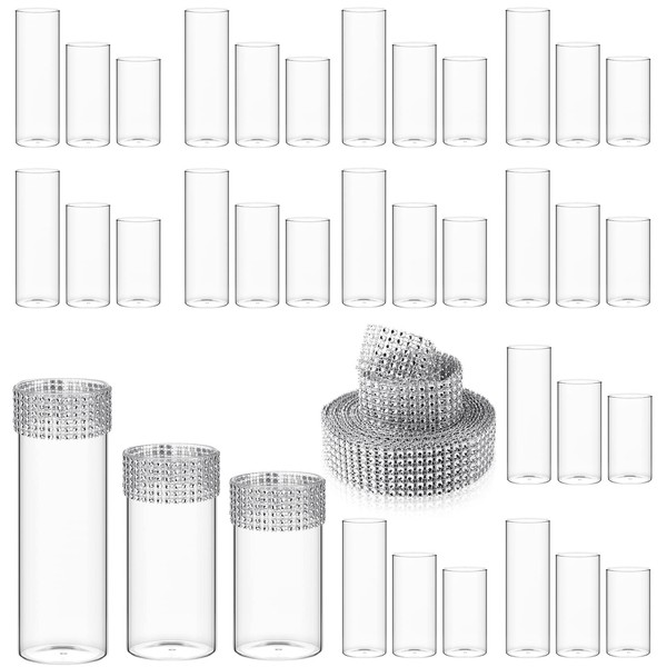36 Pcs Glass Cylinder Vase Clear Multiple Size Glass Flower Vase Centerpieces with 6 Row 5 Yard Diamond Ribbon Rhinestone Ribbon for Home Event Party Wedding Table Centerpiece Wall Decor (Silver)