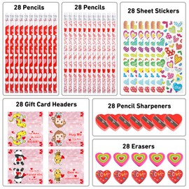 AouEtnay 28 Pack Valentines Day Gifts for Kids Classroom Valentines Day Stationery Kids Gifts Set with Pencils, Erasers, Cards, Stickers for Kids Valentines Day Classroom Gifts and Party Favors