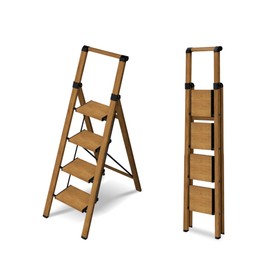 4 Step Ladder, Lightweight Folding Step Stool with Anti-Slip Aluminum Wide Pedal&Convenient Handgrip,330lbs Capacity Steel Ladder for Household and Office(Woodgrain)