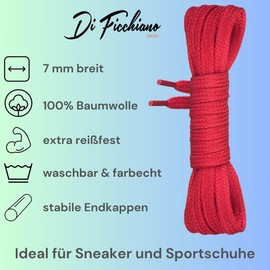 Di Ficchiano flat lace-up made of 100% cotton for trainers and trainers - very tear-resistant - approximately 7 mm wide, 45 cm - 200 cm length. Made in Europe., red, 160 cm