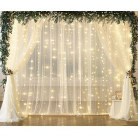 Ivory Tulle Backdrop Curtains with Lights String for Parites Wedding 20×10ft Ivory Sheer Backdrop Curtains for Baby Shower Birthday Party Photo Shoot Background Decorations(4 Panels 5ft×10ft)