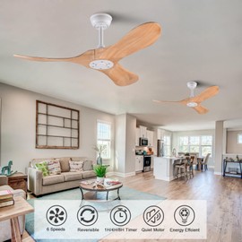 OMYU 42 Inch Ceiling Fan no Light with Remote, Ceiling Fan without Light, 3 Wooden Blades,Reversible DC Motor,6 Speeds,Outdoor Indoor Ceiling Fan for Patio Bedroom Office