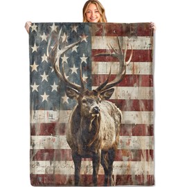 MIEPOS Patriotic Elk Throw Blanket - 50x60in,Ultra Soft, Cozy Lightweight Flannel,American Flag Deer Retro Blankets - Gifts for Kids Adult & Wildlife Lovers,for Couch Home Living Room Decor