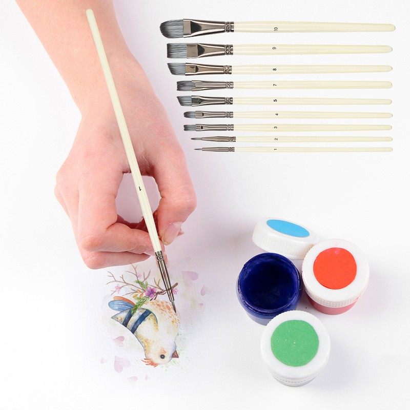 10pcs Nylon Hair Gouache Artist Paint Brush Portable Oil Painting