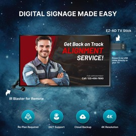 EZ AD TV Digital Signage Stick, Cloud-Controlled Digital Signage Media Player with PowerPoint Upload, Auto Content Updates, Free Plan, AI Image Enhancer, Mobile App, Includes Premium Template Library