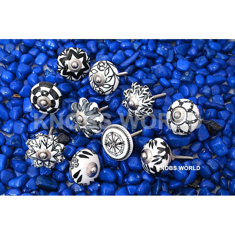 KNOBSWORLD Set of 10 Black & White Ceramic knobs Cabinet