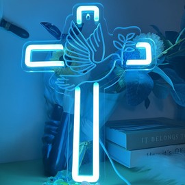 Cross Neon Sign, Peace Dove Neon Sign, Decorative Neon Sign for Home, Bedroom, Living Room, Kitchen, Dining Room, Bathroom, Nursery, Wedding, Birthday, 13.3 * 9.75inch