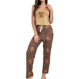 Floerns Women's 2 Piece Sleepwear Bear Print Camisole with Pants Pajama Set Brown Multi Medium