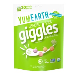 YumEarth Organic Sour Giggles Chewy Candy - Allergy Friendly (Top 9 Free), No Artificial Dyes, Non GMO, Gluten Free, Vegan - Individually Wrapped Sour Snack Packs - 0.5 Ounce (Pack of 10)