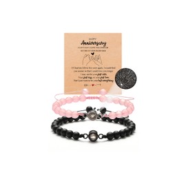 QWNHONEY Friendship Bracelets 100 languages love bracelet Anniversary Valentine's Day Birthday Mother's Day Father's Day Chritmas Gifts for Him and Her Gifts Black Matte Agate & Pink Bead