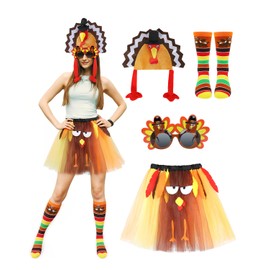 GlamSpark 4 Pcs Thanksgiving Turkey Costume Set for Adults – Turkey Hat, Funny Glasses, Tutu Skirt & Running Socks – Turkey Trot Outfit, Thanksgiving Party Dress Up
