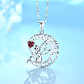 FJ Guardian Angel Necklace 925 Sterling Silver Tree of Life Pendant Necklace Fairy Moon Necklace with July Birthstone Ruby Jewellery Gifts for Women Girls