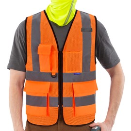 AYKRM XS orange mesh high viz Class 2 hi vis Zipper Front High Visibility vest Hi Vis Executive Vest Waistcoat with Phone & ID Pockets
