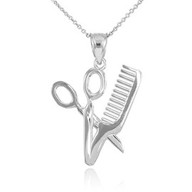Fine 925 Sterling Silver High Polish Hair Stylist Scissors and Comb Charm Necklace, 22"