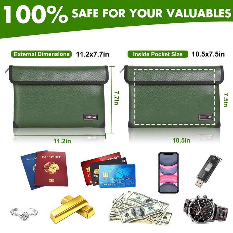 LOJGOAY Fireproof Document Bag - with 5200°F Heat Insulated, Waterproof