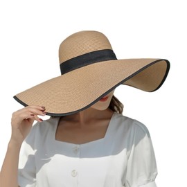 SIPEIEN Ladies Sun Straw Hats UPF 50 Wide Brim Beach Summer UV Protection Hat for Women Foldable Adjustable Coffee