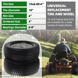 AR-PRO (2 Pack) 15 x 6.00-6 Front Tire and Wheel, Flat Free Lawn Mower Tires with Rim, 3" Centered Hub with 3/4" Bearings & 5/8" and 1" bushings, Compatible with John Deere Riding Mower, Lawn Tractor