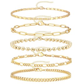 Gokeey Reoxvo Dainty 14K Real Gold Plated Bracelets Set for Women Gold Stackable Chain Link Layered Bracelet for Women Trendy Gold Jewelry 5pcs (Style 02)