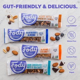 Fody Foods Vegan Protein Nut Bars, Peanut Butter Chocolate Quinoa Flavor, 6g Protein per Bar, Low FODMAP Certified, Gut & IBS Friendly, 12 Count