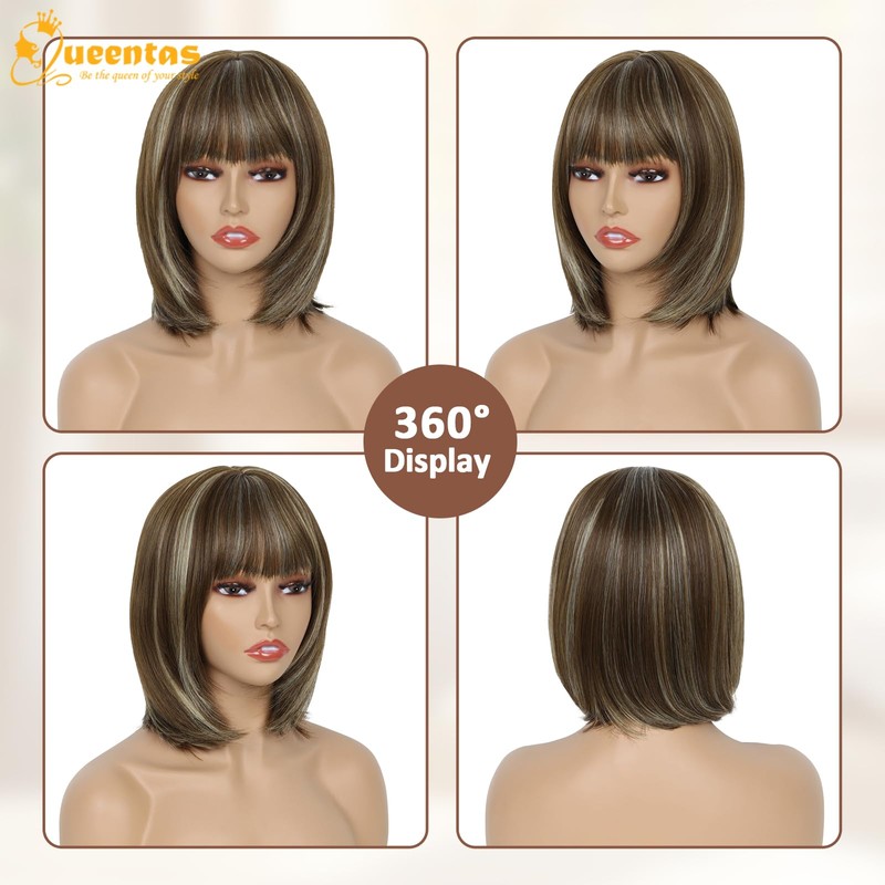 QUEENTAS Peluca Corta Marrón Estilo Bob Para Mujer, Recta Hasta