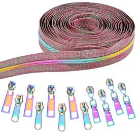 Elesunory #5 Zippers for Sewing, 9.84 Yards Nylon Coil Rainbow Zipper Tape by The Yard with 12 Pcs 3 Style of Rainbow Zipper Pull, Heavy Duty Zipper for DIY Tailor Sewing Crafts