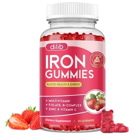 Iron Gummies with Multivitamin, Iron Supplement for Women & Men with Zinc, Vitamin B Complex & C, B12, Folate - Blood Builder & Energy Support for Adults & Kids - Strawberry Flavor, Vegan 60 Gummies