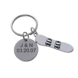Custom Snowboarder Keychain with Engraved Steel Disc for Couples or Best Friends, Anniversary Gift Keychain