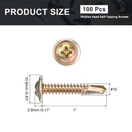 uxcell 100Pcs #10x1 Phillips Head Self Tapping Screws, Carbon Steel Self Drilling Flat Head High-Strength Quick Tapping Screws Wood Screw for Wood, Metal, Plastic, Color Zinc