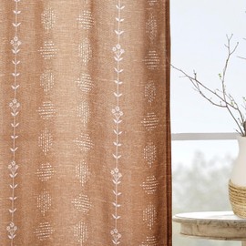 54 Inch Length Sheer Curtains,Boho Floral Linen Semi Light Filtering Curtains for Bedroom Living Room Kitchen Window 2 Panels Set