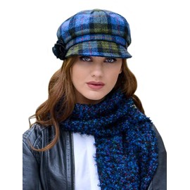 Newsboy Hat for Women's Cap 8 Panel Wool Made in Ireland, Blue, Green Plaid, One Size