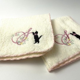 Juego de 2 pañuelos de toalla japonesa con monograma para mujer [diseñados en Japón] Pañuelos para amantes de los gatos, Blanco, 9.84 x 9.84 inch