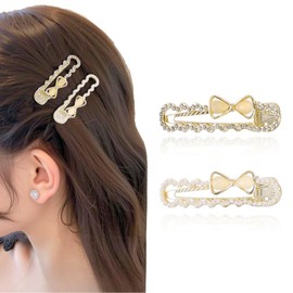 Pink Heart Barrette Set of 2, Rhinestones, Butterfly, Floral Design, Japanese Style Hair Clip, For Party and Daily Use (Pearl & Rhinestones) D