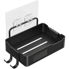 Elvaesther Wall Mounted Soap Holder with Hooks, Stainless Steel Soap Tray, Slotted Soap Dish Holder, Non-drilled Soap Bar Holder for Bathroom Kitchen Accessories Black 1pcs