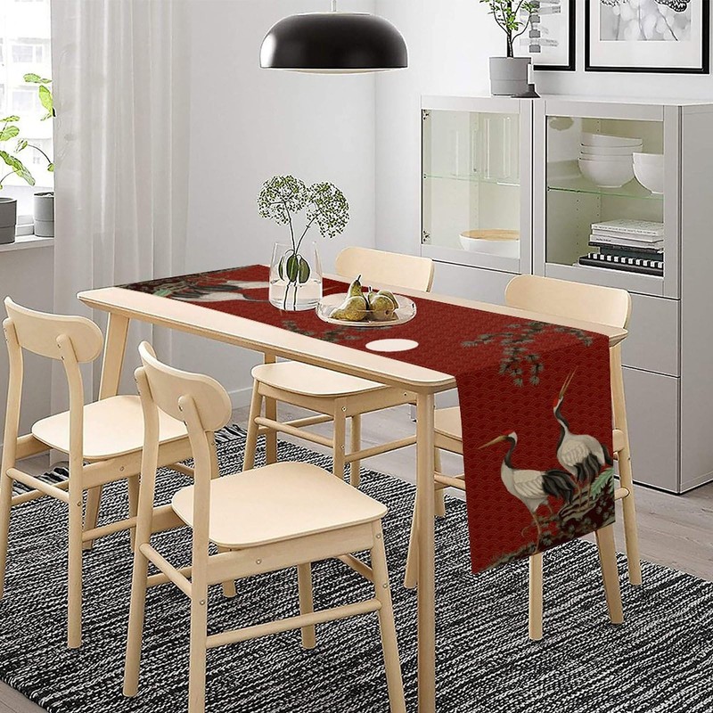 Chinoiserie Crane Table Runner, Asian Japanese Crane Pine Tree Branchs