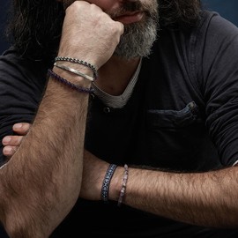 Nato Cuff - 925 Sterling Silver Bracelet - Square Amethyst Beads Semi-Precious Stones - Men's and Women's Jewellery Handmade in France, Sterling Silver, Amethyst