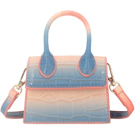 Nodeber Mini Crossbody Bag for Women Girls Synthetic Leather Flap Purse Styling Top-Handle Clutch Handbag Croco Blue Pink