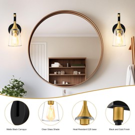 Ymlii 1-Light Bathroom Wall Sconce Light, Black and Gold Wall Light Fixtures with Clear Glass Shade, Modern Wall Lamp Indoor Wall Mounted Light for Hallway Bedroom Living Room Mirror