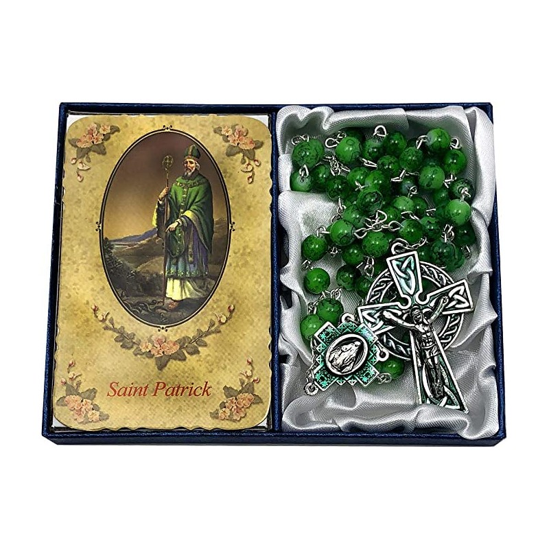 CB Catholic St Patrick Green Glass Marble Bead Rosary Gift