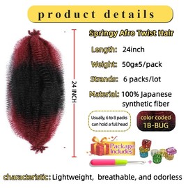 Afro Twist Hair 6 pcak Pre Separated Springy stretched Wrapping Hair for Soft Locs Afro Spring Twist Hair Marley Twist Braiding Hair Extensions (1B-BUG （ 6 pack ）, 24 inch)