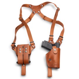 GUN & FLOWER Brown Leather Shoulder Holster Fits Glock 17/19, 1911, M&P 9, Taurus G2C/G3C, Sig P226, Beretta 92FS, Vertical Concealed Holster with Dual Mag Holder, Right Hand