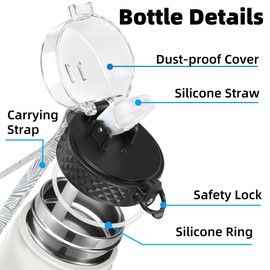 OLDLEY Stainless Steel Water Bottle with Straw 1L Vaccum Insulated Large Drink Flask Metal Water Bottles 1 Litre Leakproof Keep Drinks Hot Cold for Bike Sports Gym Adult Women Men(Cream, 1 Lid)