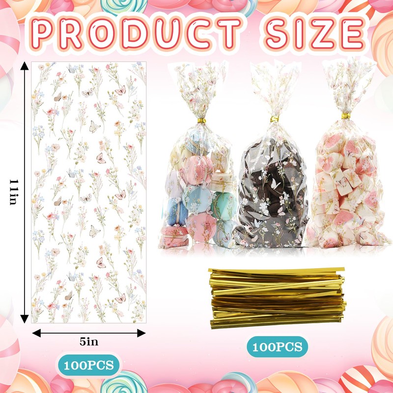 CEMECER 100PCS Wildflower Party Cellophane Treat Bags, 11 x 5