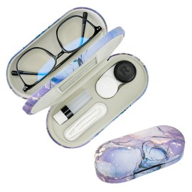 Zettokete 2 in 1 Contact Lens and Glasses Case,Double Sided Dual Use Design with Mirror, Tweezer and Contact Lens Solution Bottle,Portable Soak Storage Kit for Travel,Office(Purple Marble)