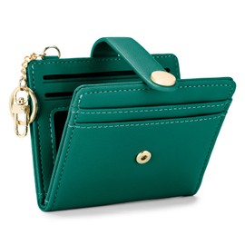 POIUGOYA Slim Wallet for Women, Leather Bifold RFID Blocking Credit Card Holder with Keychain, Zipper Coin Pocket ID Window